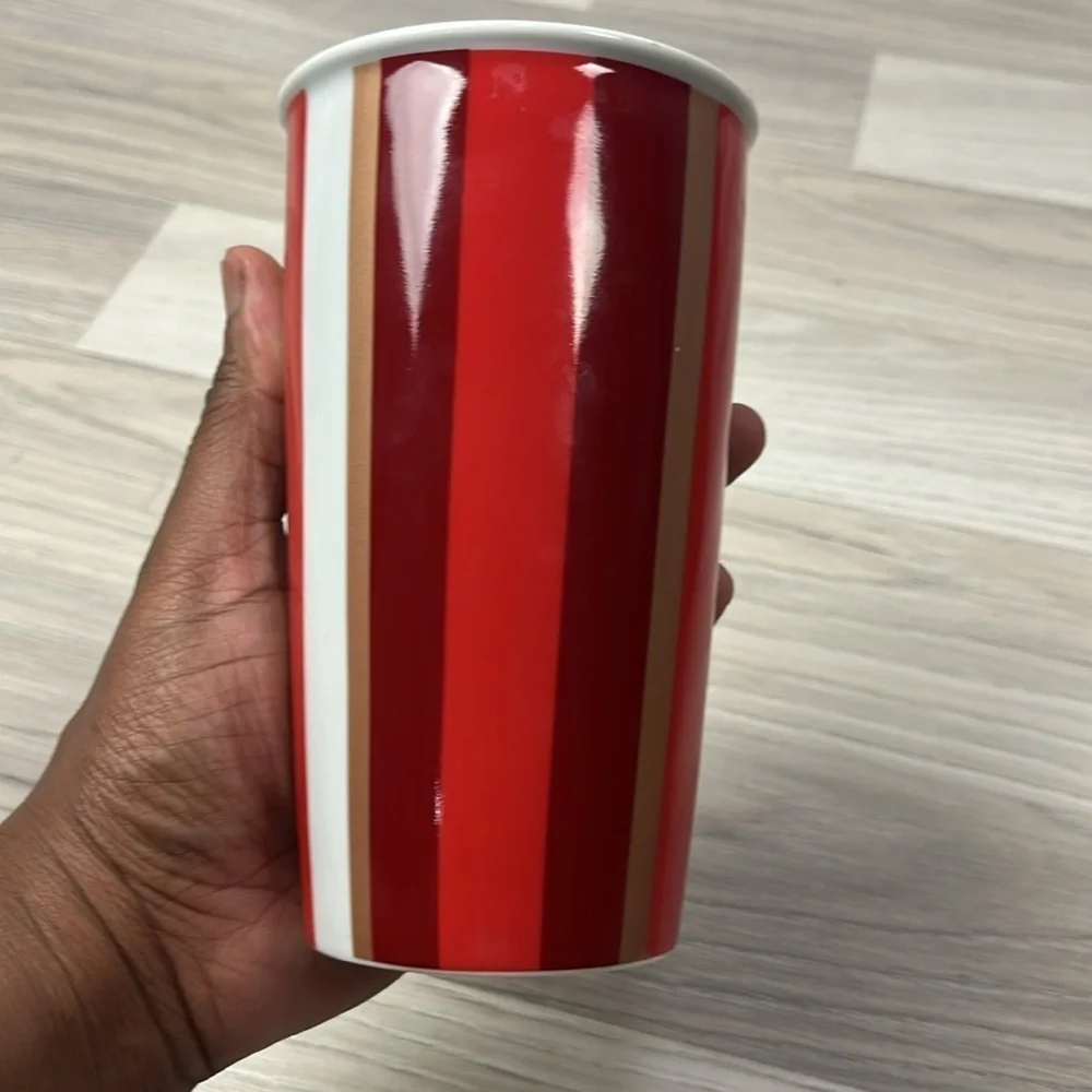 Starbucks Holiday Ceramic Tumbler Red Stripe Double Wall Travel 12 Oz Cup No Lid